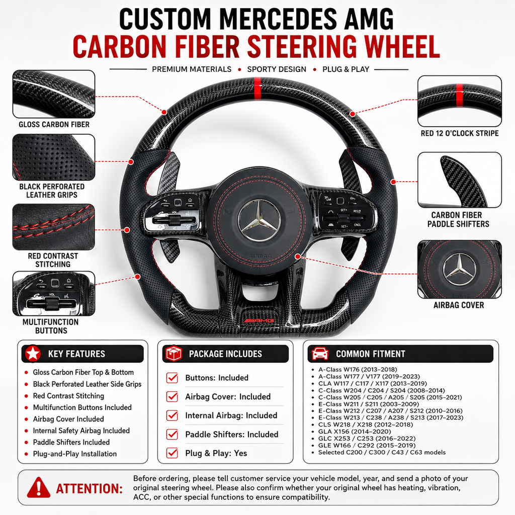 Custom Mercedes AMG steering wheel with glossy carbon fiber red stitching and paddle shifters for W203 W204 W205 W211 W212 W213 C200 C300 by CJ Mod Garage