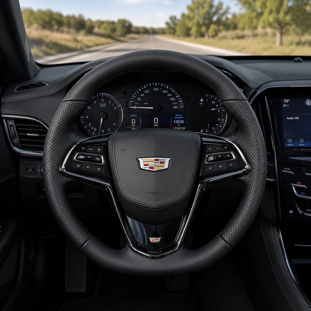 Cadillac ATS smooth leather perforated leather steering wheel installed in luxury cabin by CJ Mod Garage