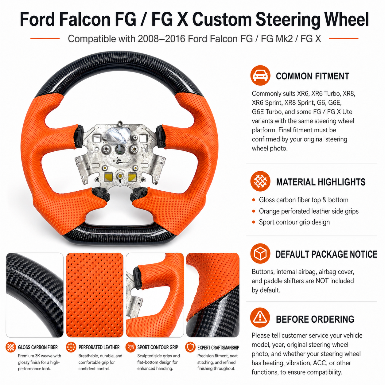 Ford Falcon FG FG X custom steering wheel fitment guide with carbon fiber and orange leather details by CJ Mod Garage