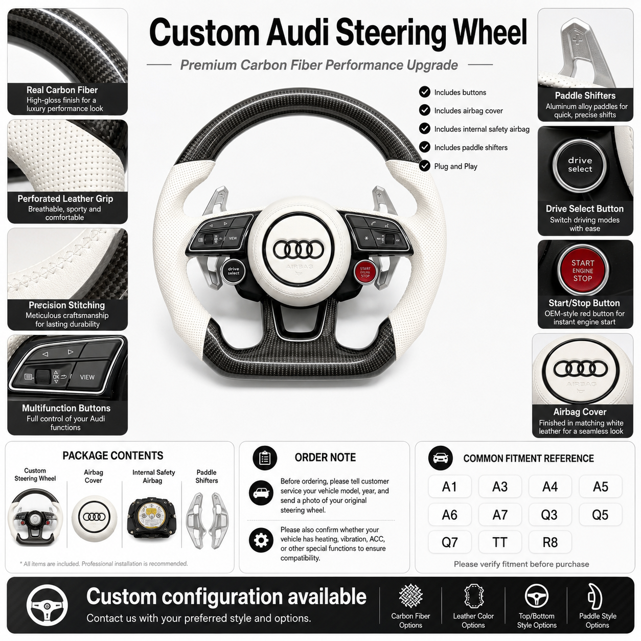 Carbon Fiber Audi Steering Wheel for A1 A3 A4 A5 A6 A7 C6 C7 S3 S4 S5 S7 Q3 Q5 Q7 SQ5 RS RS3 RS5 RS6 B8 B9 8P 8V R8 TT -CJ Mod Garage 17
