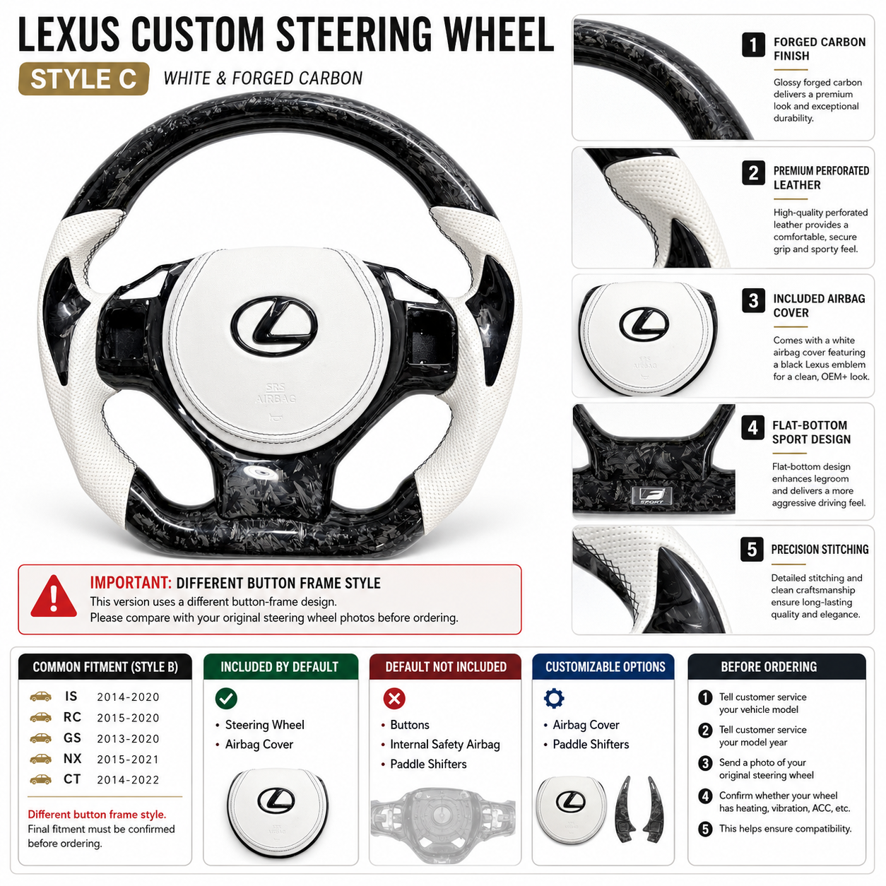 Lexus Custom Steering Wheel Style C Featuring Forged Carbon Finish White Leather Airbag Cover Flat Bottom Design For Lexus IS 2014 2020 RC 2015 2020 GS 2013 2020 NX 2015 2021 CT 2014 2022 CJ Mod Garage