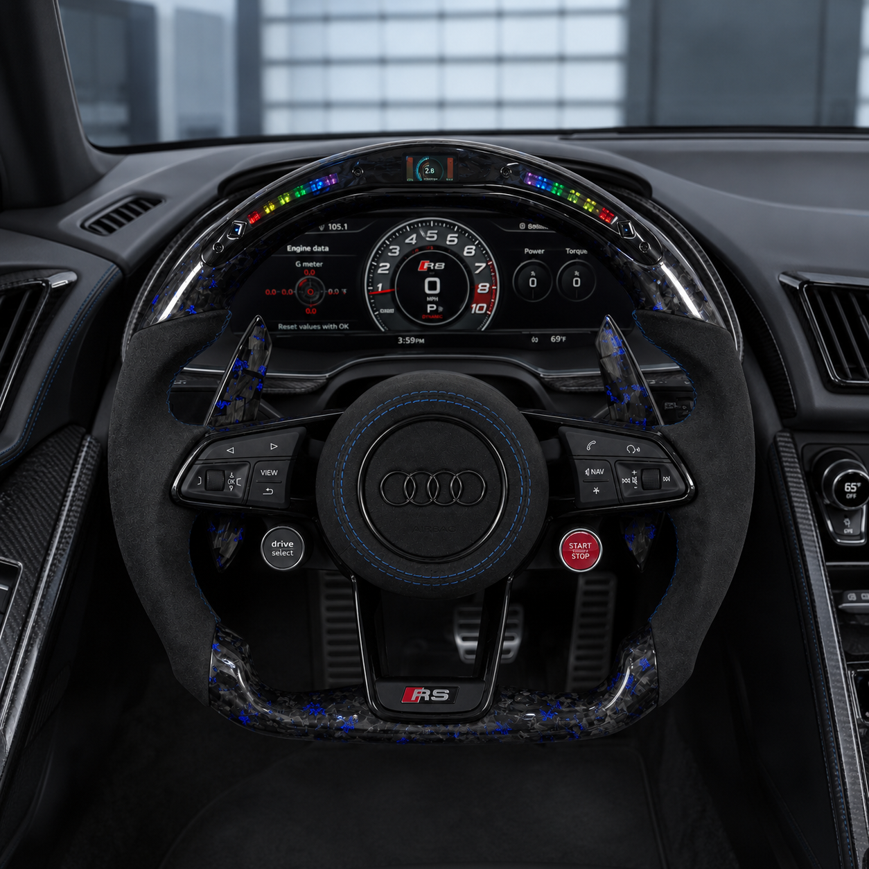 Installed Audi performance steering wheel with blue forged carbon finish multicolor LED rev lights flat bottom design RS badge round airbag cover and carbon paddle shifters for Audi R8 TT A1 A3 A4 A5 A6 A7 S3 S4 S5 S7 Q3 Q5 Q7 SQ5 RS3 RS5 RS6 C6 C7 B8 B9 8P 8V
