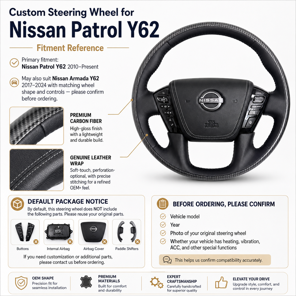Nissan Patrol Y62 carbon fiber and leather steering wheel upgrade featuring OEM style fitment precision stitching and luxury driving comfort by CJ Mod Garage