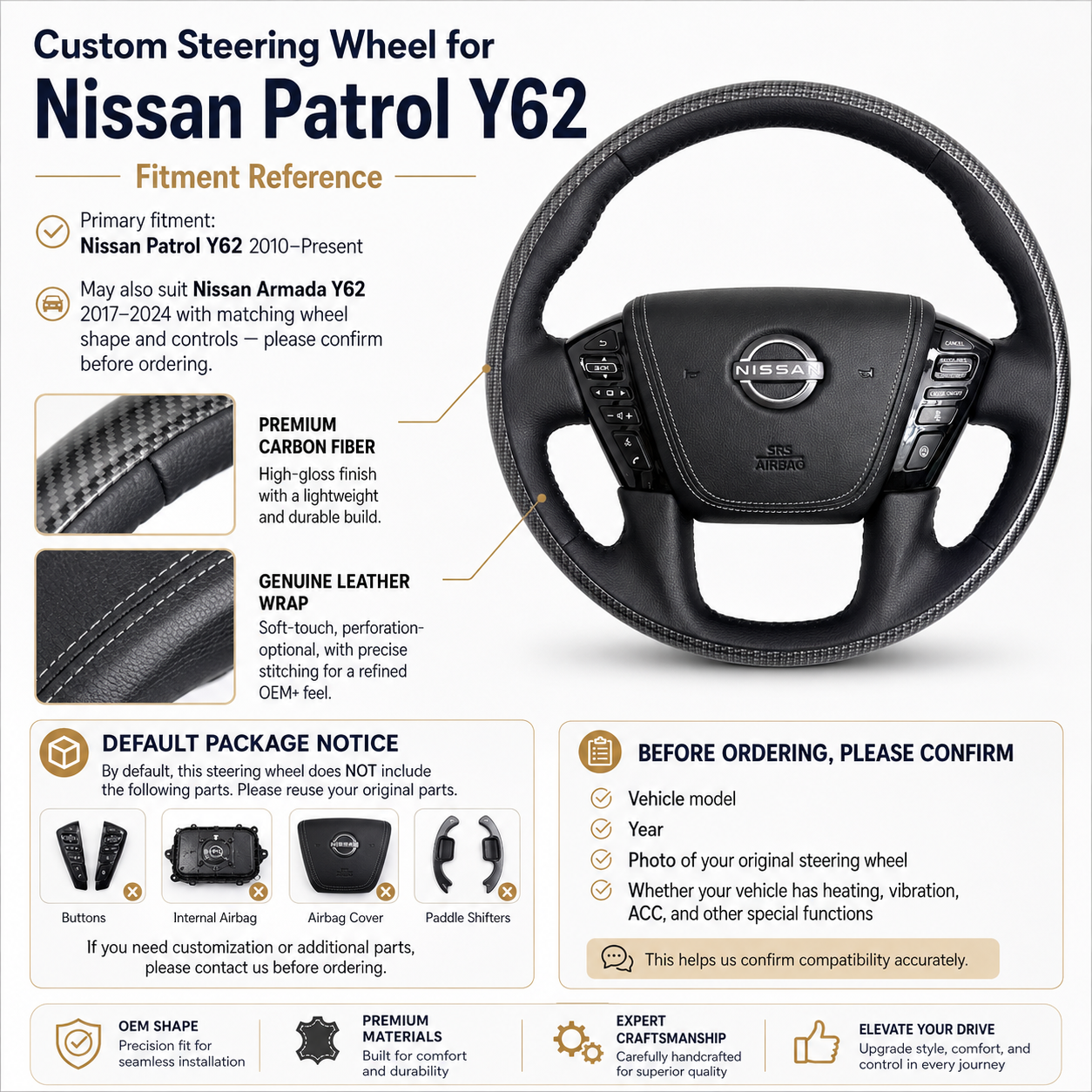 Nissan Patrol Y62 carbon fiber and leather steering wheel upgrade featuring OEM style fitment precision stitching and luxury driving comfort by CJ Mod Garage