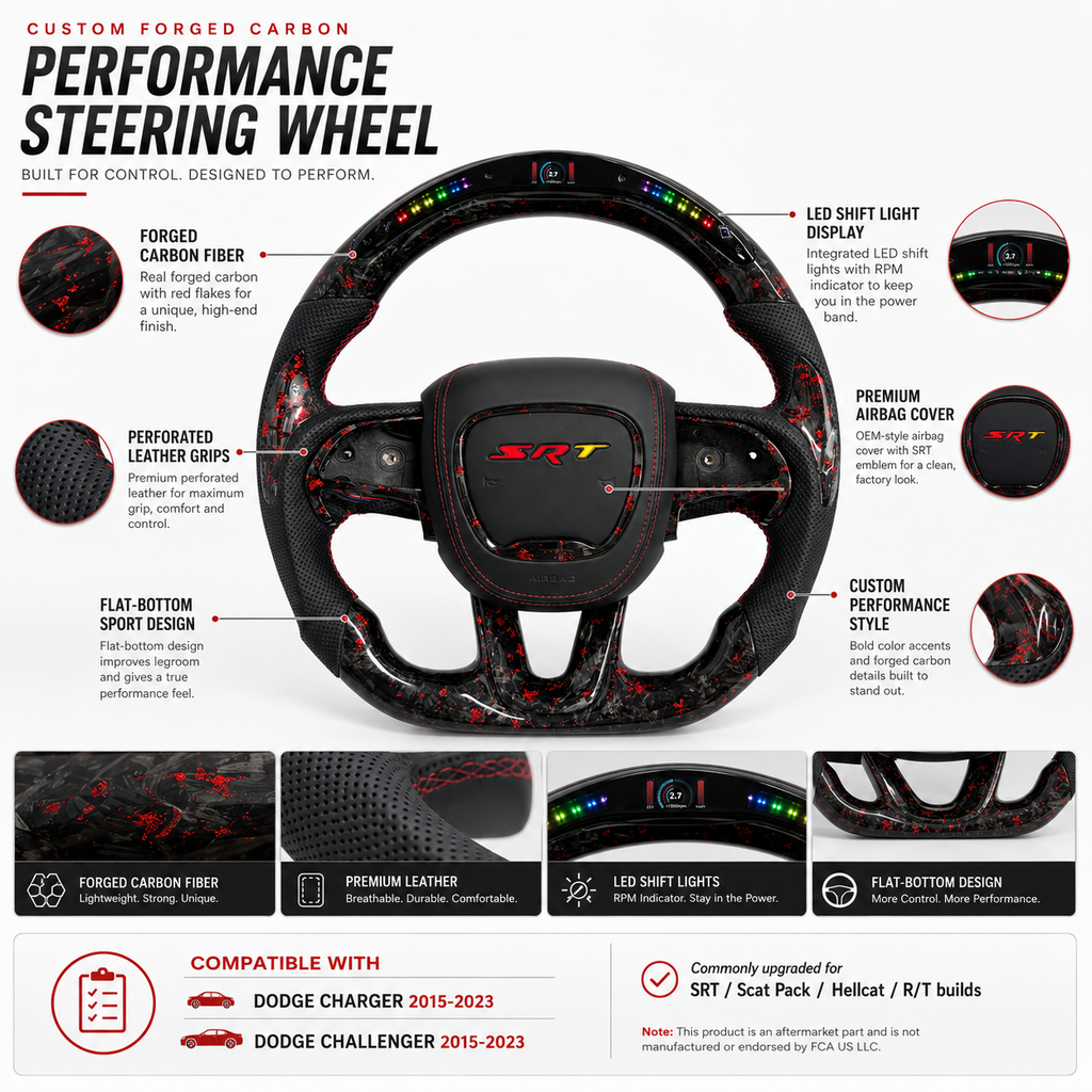 For Dodge Charger, Challenger, Hellcat Charger, Durango SRT, RT GT 2015-2023 Carbon Fiber Steering Wheel - CJ Mod Garage 13