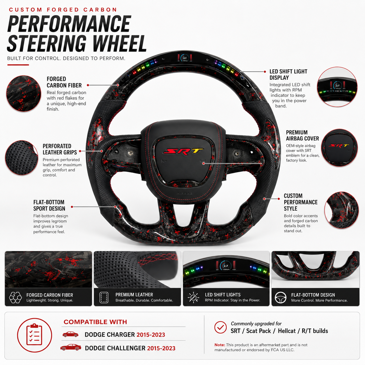 For Dodge Charger, Challenger, Hellcat Charger, Durango SRT, RT GT 2015-2023 Carbon Fiber Steering Wheel - CJ Mod Garage 13