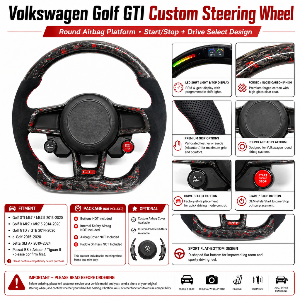Volkswagen Golf GTI Mk7 2013 to 2020 red forged carbon steering wheel detail page with fitment notes CJ Mod Garage