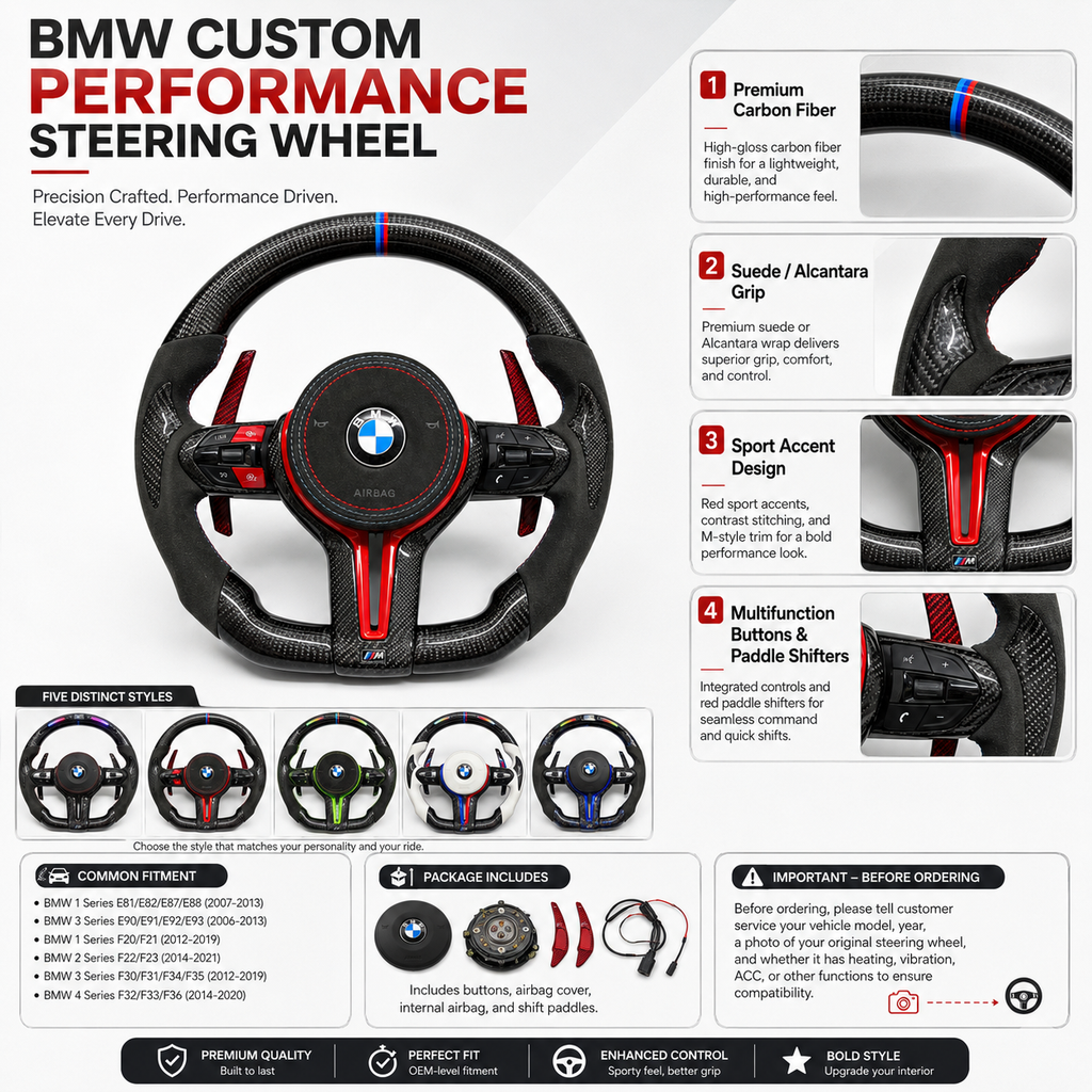 Custom BMW F30 F32 F80 carbon fiber performance steering wheel with Alcantara grip and red sport paddle shifters