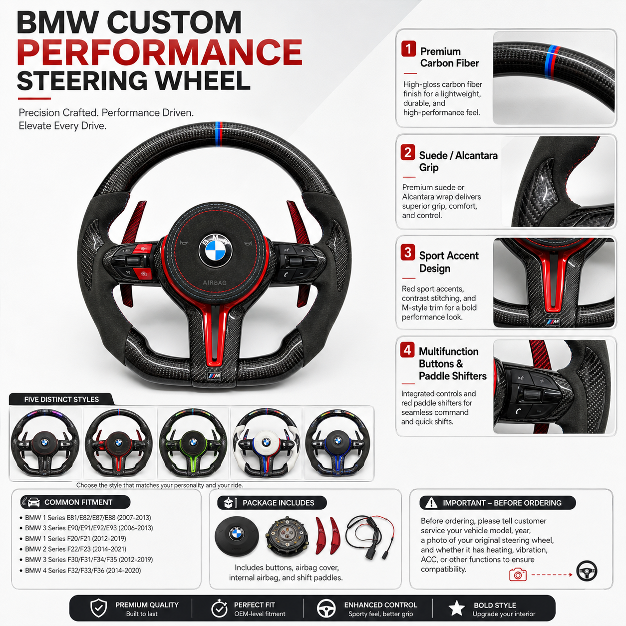Custom BMW F30 F32 F80 carbon fiber performance steering wheel with Alcantara grip and red sport paddle shifters