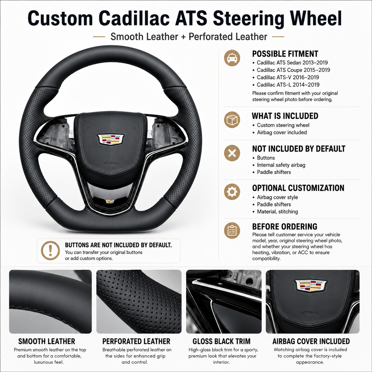 Cadillac ATS custom smooth and perforated leather steering wheel detail sheet by CJ Mod Garage