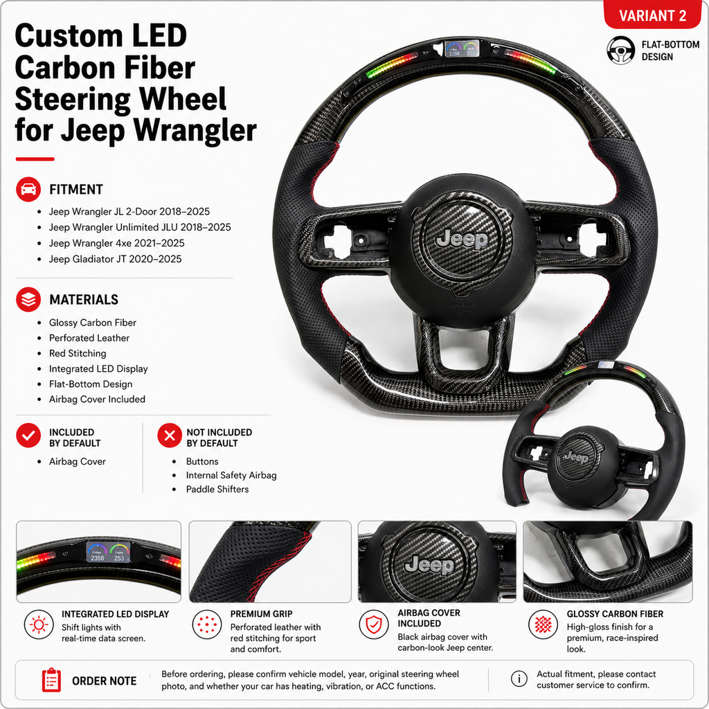 Product detail poster for custom carbon fiber steering wheel for Jeep Wrangler JL JLU and Gladiator JT with glossy carbon fiber, perforated leather grips, flat bottom design and fitment information