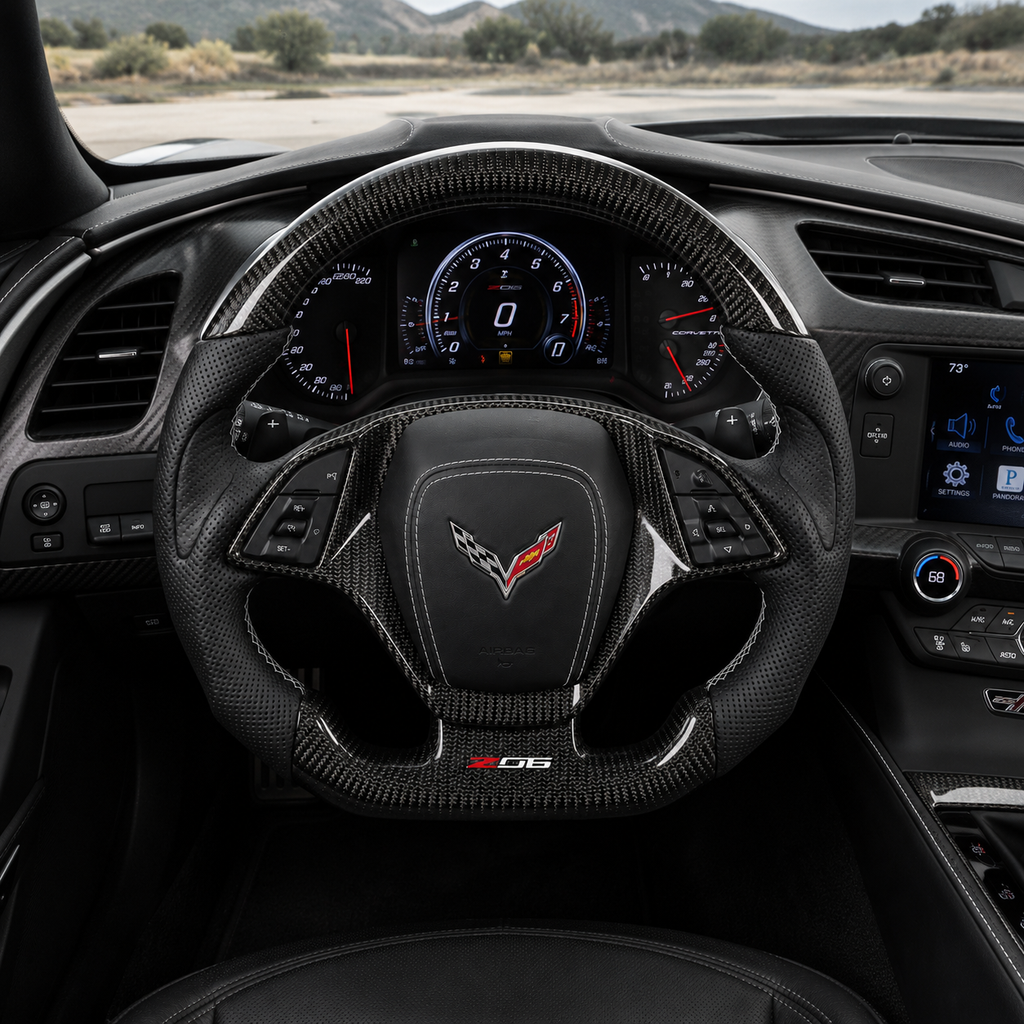 Chevrolet Corvette C7 custom steering wheel cockpit front view with glossy carbon fiber finish perforated leather grips and Z06 lower badge
