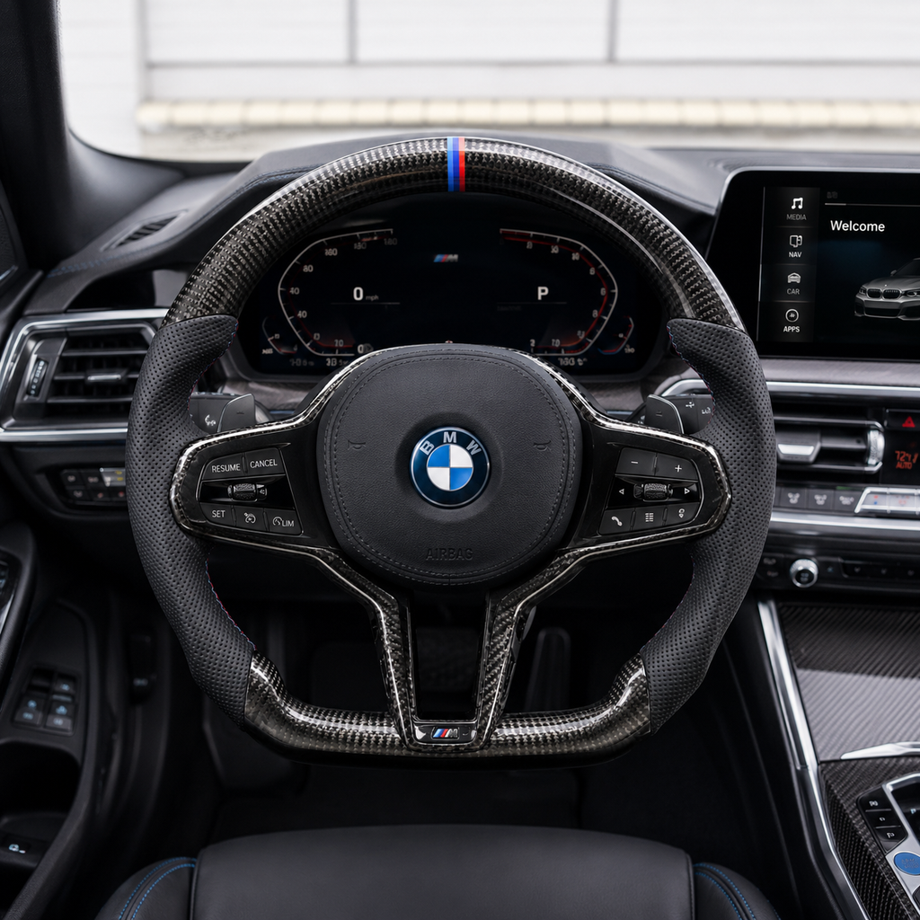 BMW 5 Series G30 G38 2017-2024 carbon fiber steering wheel cockpit view with sporty contour by CJ Mod Garage