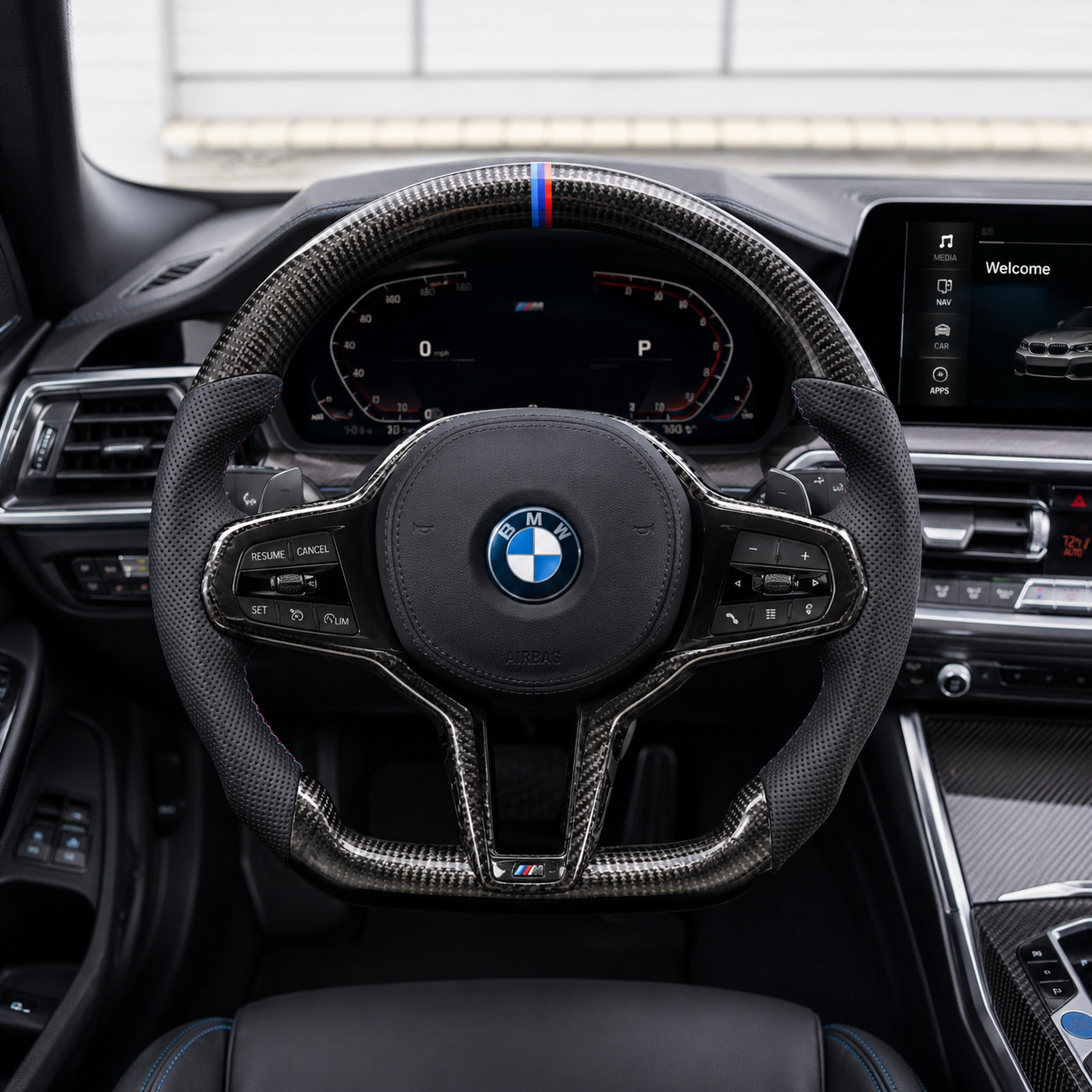 BMW 5 Series G30 G38 2017-2024 carbon fiber steering wheel cockpit view with sporty contour by CJ Mod Garage