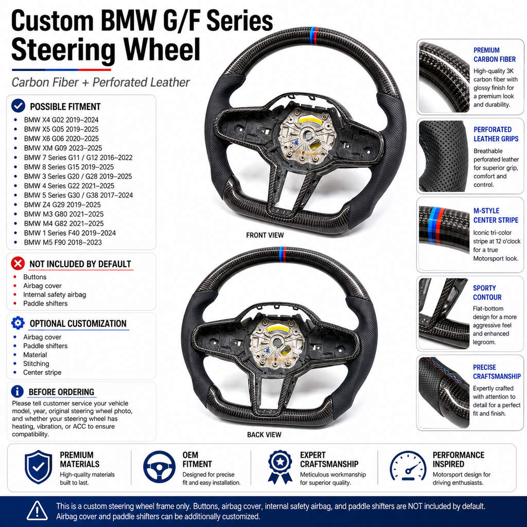 BMW G/F Series 2016-2025 carbon fiber steering wheel infographic with fitment and material notes by CJ Mod Garage