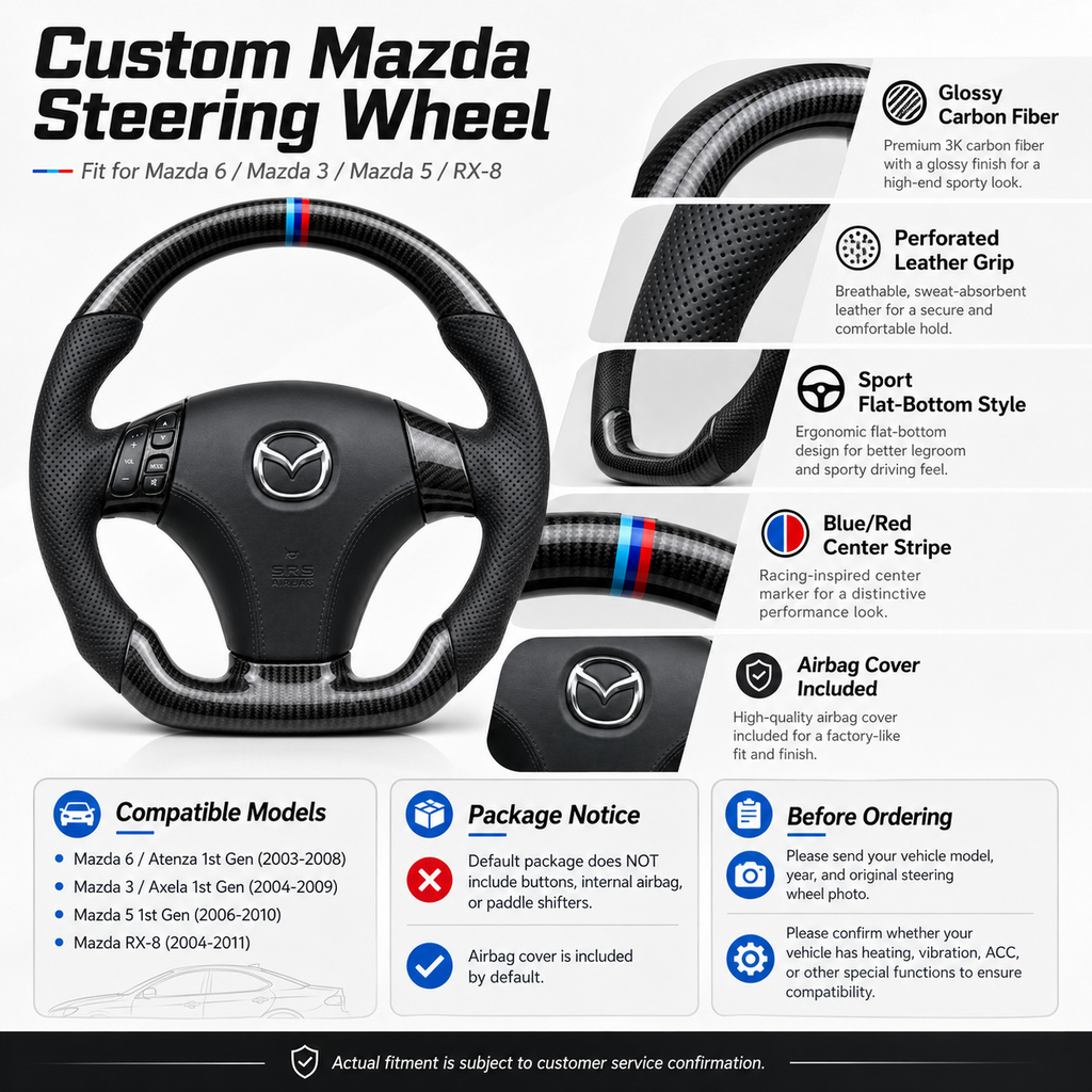 Custom Mazda steering wheel detail poster showing carbon fiber perforated leather flat bottom style center stripe and airbag cover
