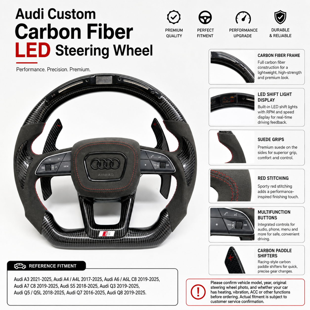 Audi carbon fiber LED steering wheel product detail with multifunction buttons paddle shifters suede grips and reference fitment for A3 A4 A6 A7 S5 Q3 Q5 Q7 Q8