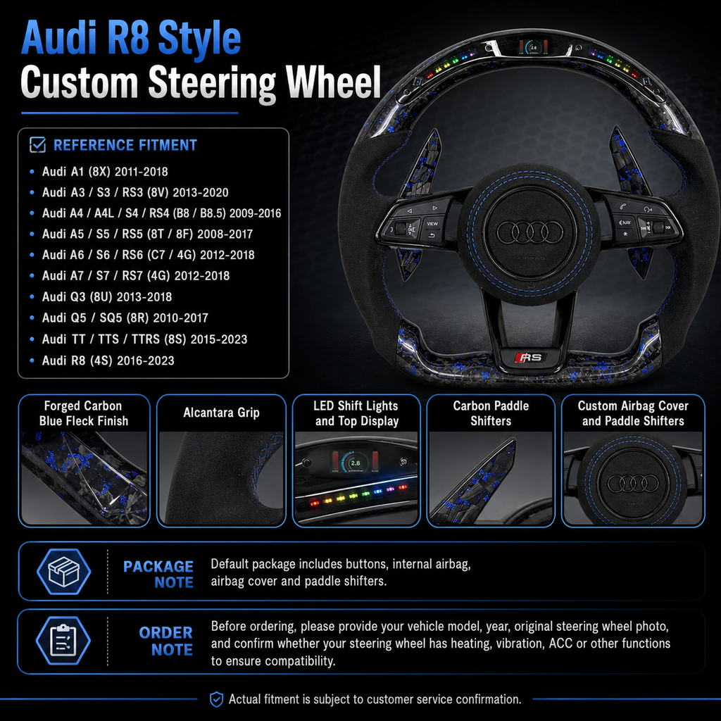 Audi R8 style steering wheel product detail graphic showing blue forged carbon Alcantara grip LED shift lights carbon paddle shifters custom airbag cover and flat bottom shape for Audi A1 A3 A4 A5 A6 A7 S3 S4 S5 S7 Q3 Q5 Q7 SQ5 RS3 RS5 RS6 R8 TT C6 C7 B8 B9 8P 8V