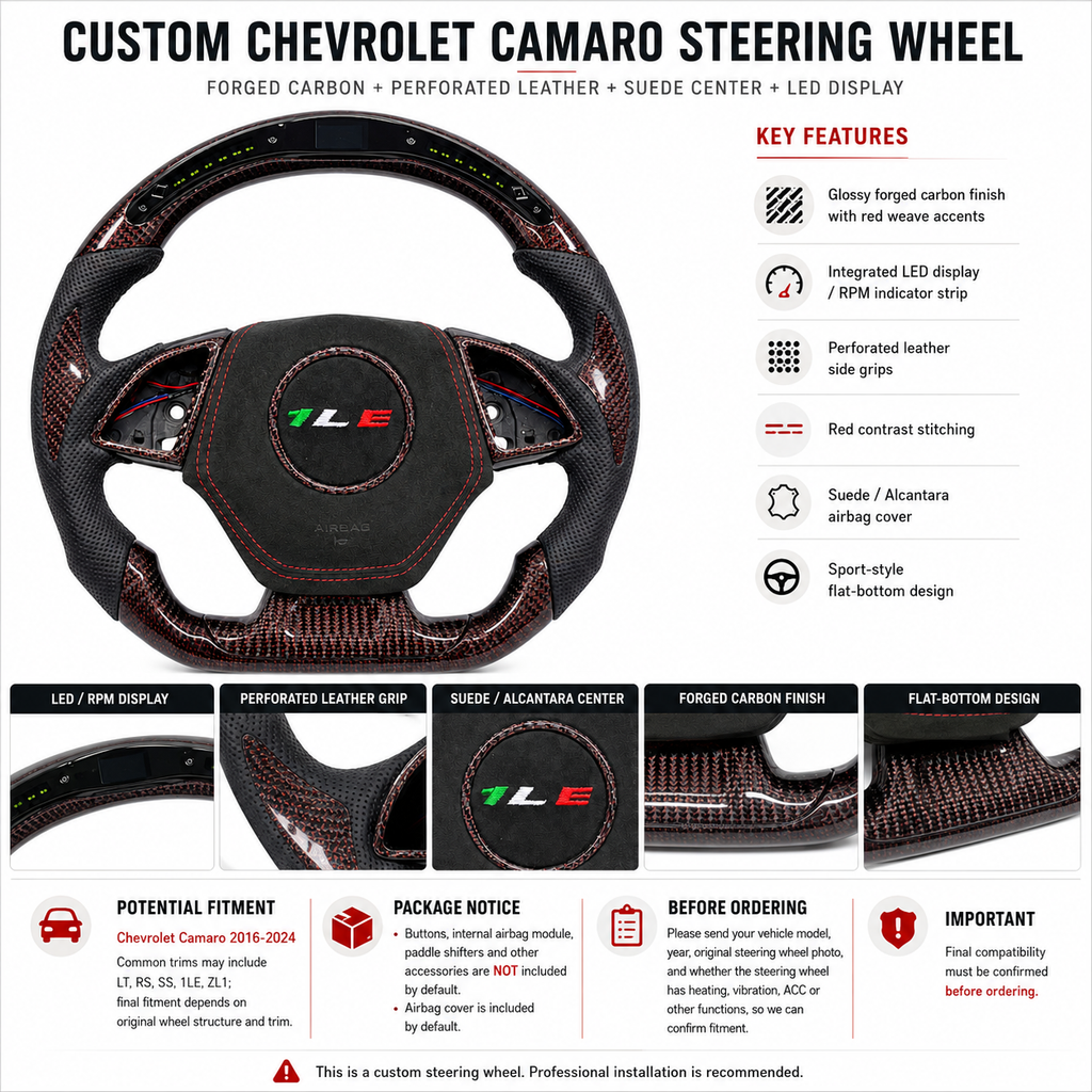 Product detail poster for custom Chevrolet Camaro steering wheel with led display forged carbon perforated leather suede center fitment information and package notice