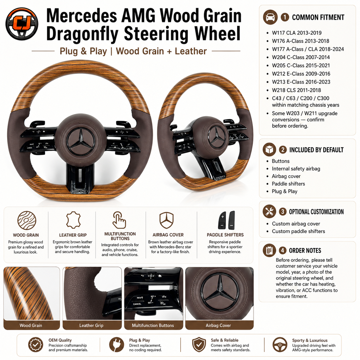 Mercedes W177 A-Class CLA 2018-2024 wood grain Dragonfly steering wheel angled product view by CJ Mod Garage