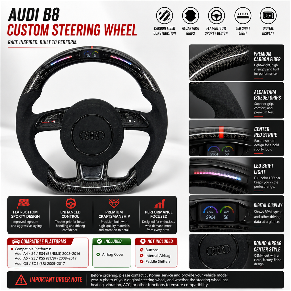 Audi B8 carbon fiber Alcantara LED steering wheel product spec infographic - features carbon fiber, Alcantara grips, LED shift light, digital display, flat-bottom design