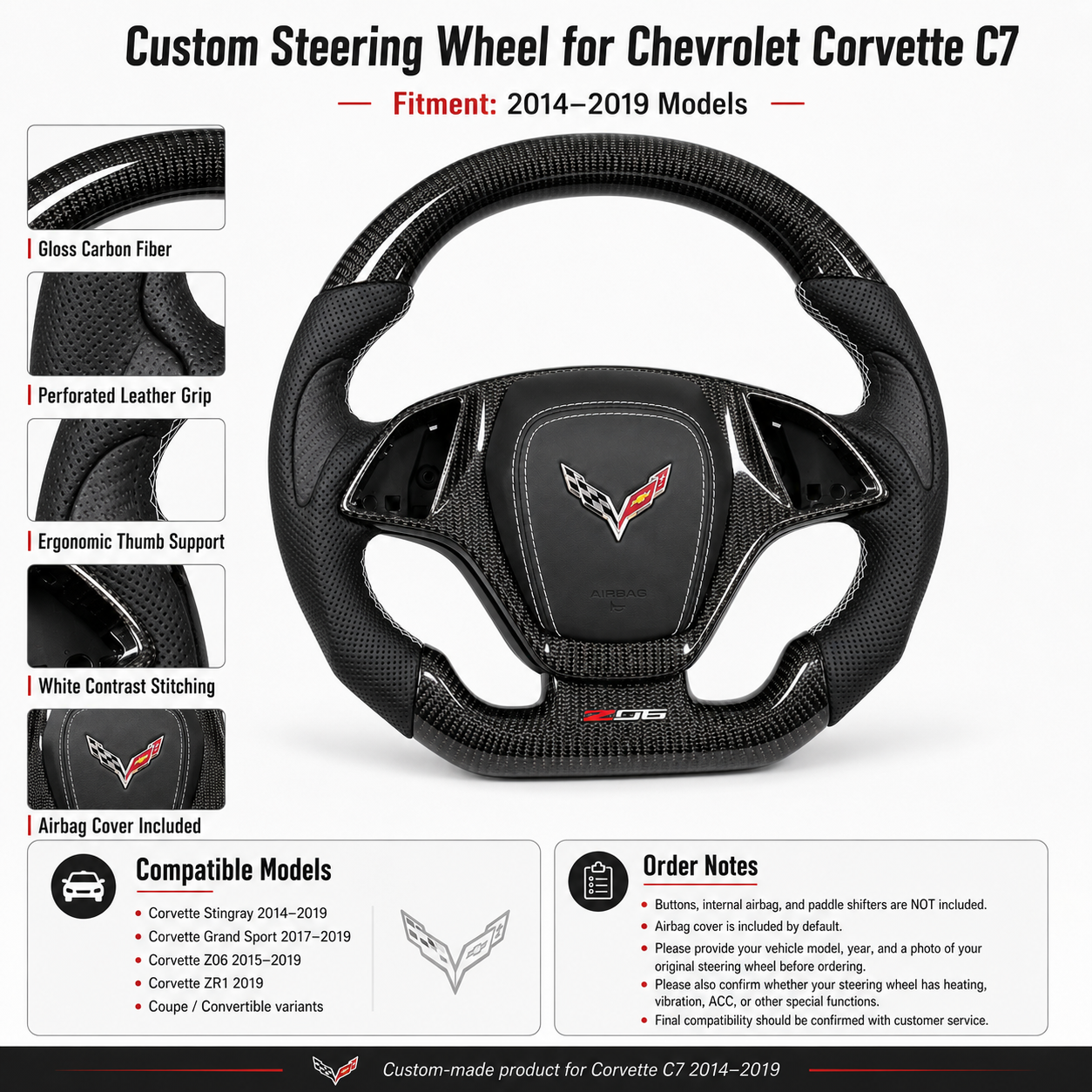 Chevrolet Corvette C7 custom steering wheel product detail image with carbon fiber finish white stitching black perforated grips and fitment information