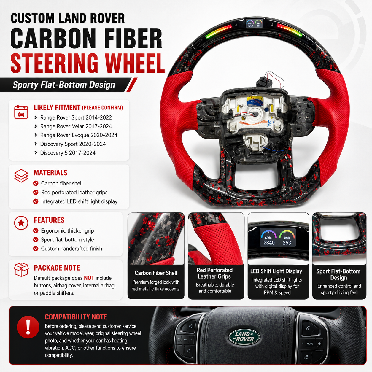 Product detail poster for custom Land Rover carbon fiber steering wheel with red perforated leather grips, LED shift lights, red flake carbon fiber shell, flat bottom design and fitment information