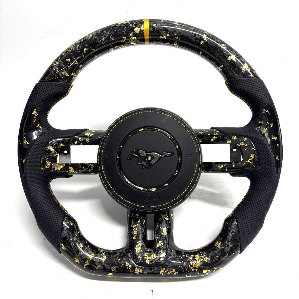 FOR Ford Mustang S550/GT 2015-2023 Carbon Fiber Steering Wheel - Gold Forged Carbon Fiber & Black Perforated Leather & Airbag Cover - CJ Mod Garage