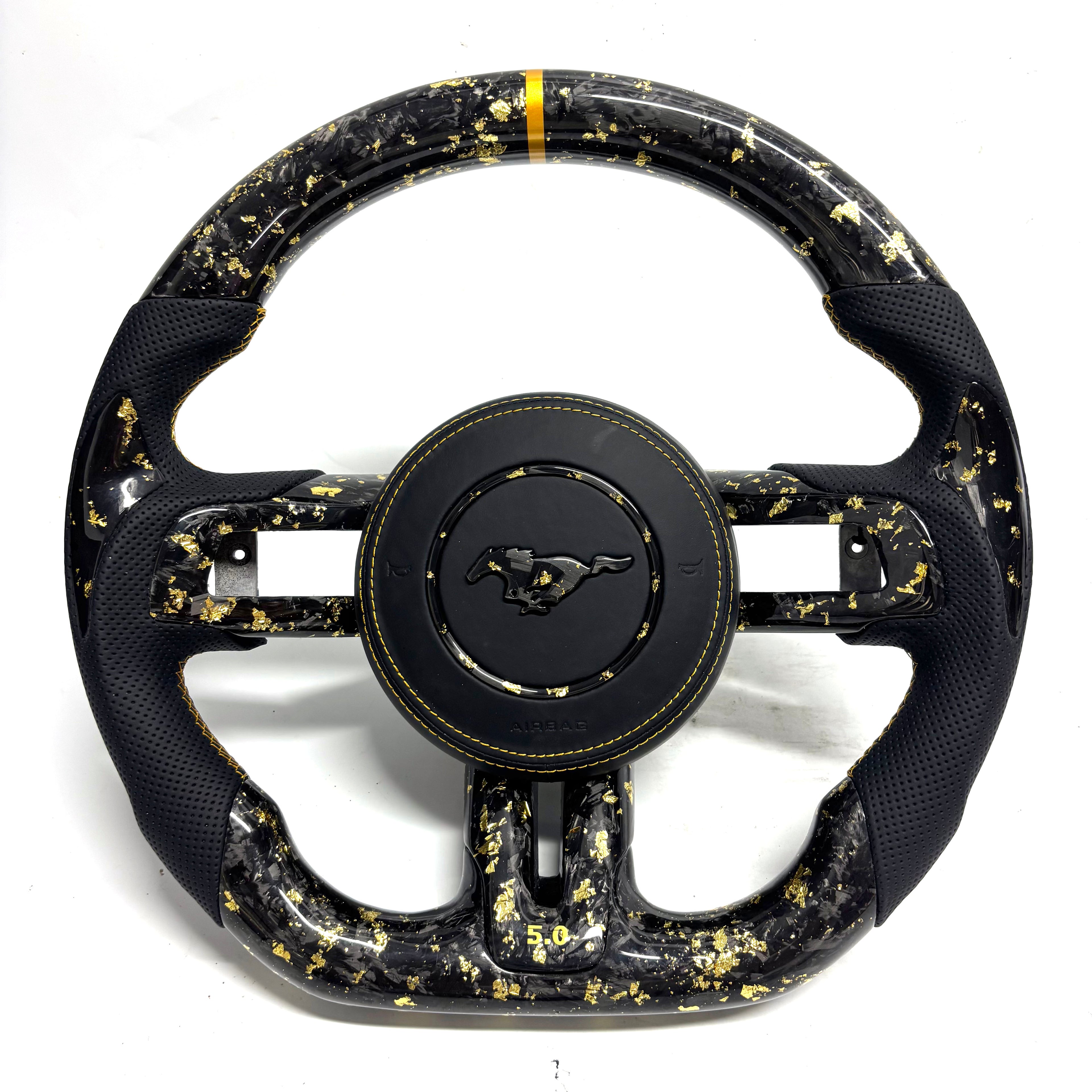 FOR Ford Mustang S550/GT 2015-2023 Carbon Fiber Steering Wheel - Gold Forged Carbon Fiber & Black Perforated Leather & Airbag Cover - CJ Mod Garage
