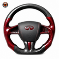 Custom Infiniti Q50 steering wheel featuring red carbon fiber accents black carbon fiber construction and integrated airbag cover by CJ Mod Garage