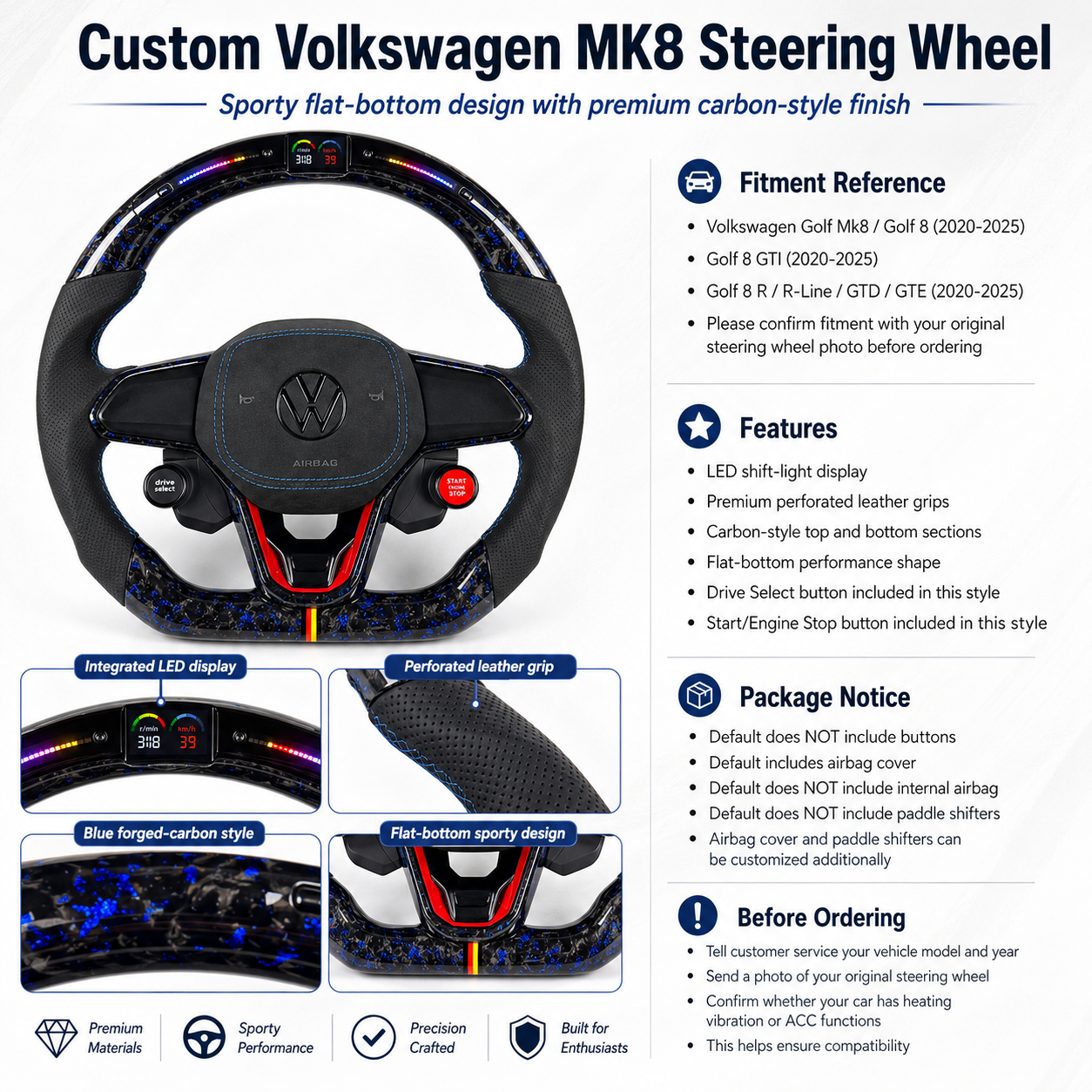 Custom flat bottom steering wheel featuring blue forged carbon finish integrated LED display Alcantara leather sections and sport controls for Golf 8 MK8 Passat Touareg Tiguan Polo GTD MK7 MK6 R Line CC Jetta by CJ Mod Garage