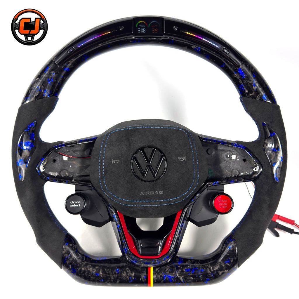 Handcrafted steering wheel with blue forged carbon pattern Alcantara airbag cover start stop button and German stripe accent for Golf 8 MK8 Passat Touareg Tiguan Polo GTD MK7 MK6 R Line CC Jetta by CJ Mod Garage