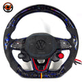 Handcrafted steering wheel with blue forged carbon pattern Alcantara airbag cover start stop button and German stripe accent for Golf 8 MK8 Passat Touareg Tiguan Polo GTD MK7 MK6 R Line CC Jetta by CJ Mod Garage