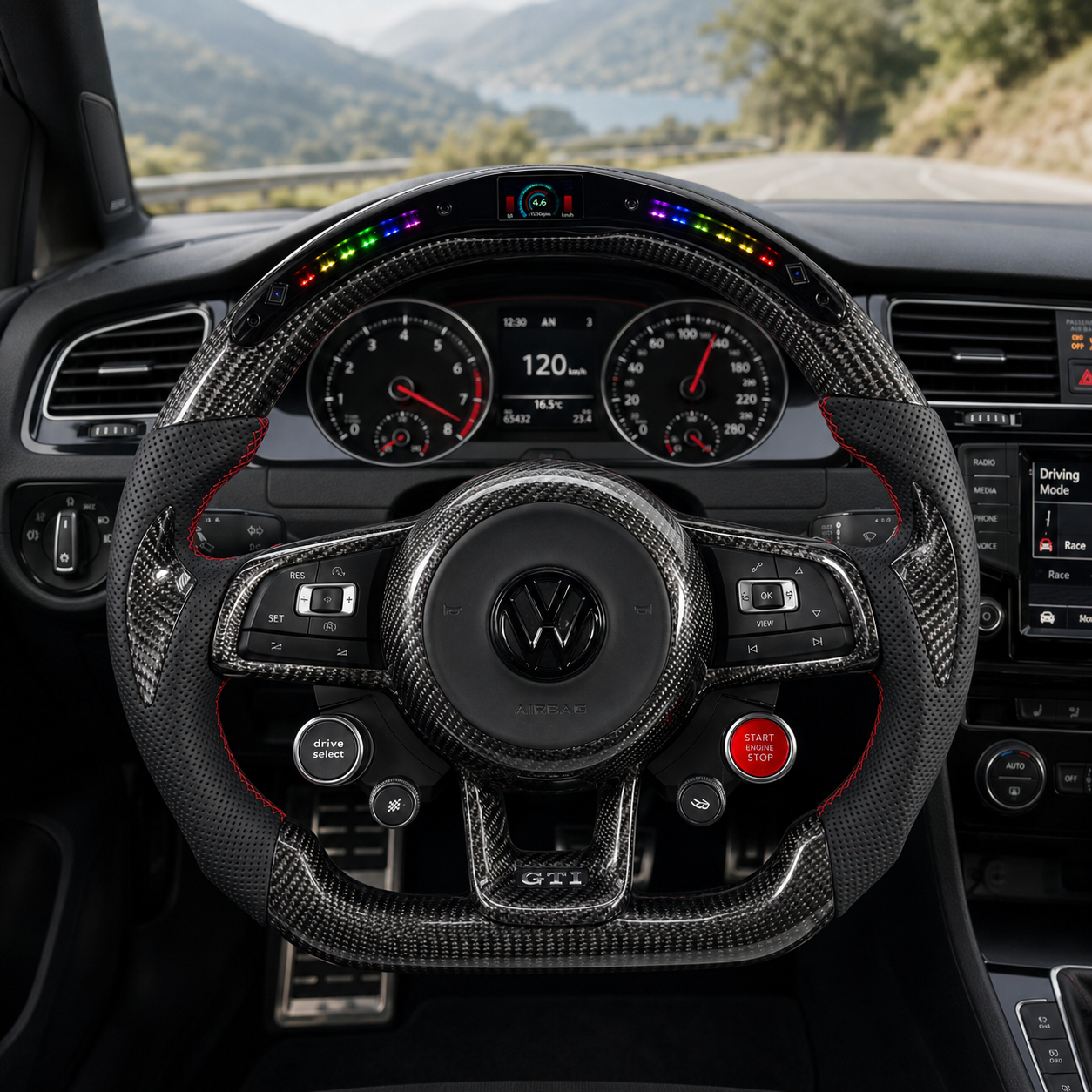 LED display carbon fiber steering wheel installed in MK7 GTI interior for Golf 6 7 7.5 R R Line CC Polo Passat B8 custom performance upgrade by CJ Mod Garage
