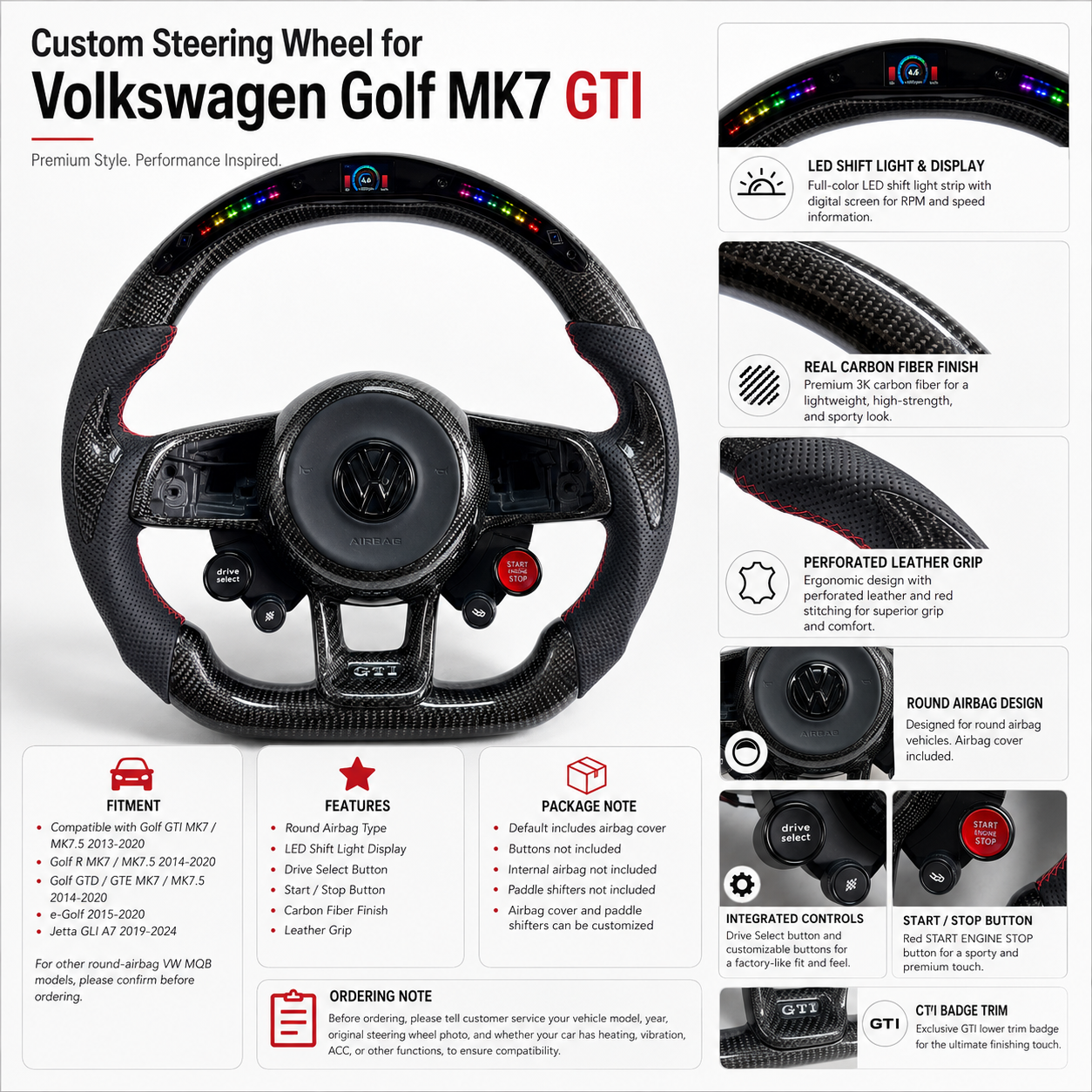 Custom MK7 GTI steering wheel with LED shift light screen carbon fiber frame leather grips and sport controls for Golf 6 7 7.5 R R Line CC Polo Passat B8 CJ Mod Garage