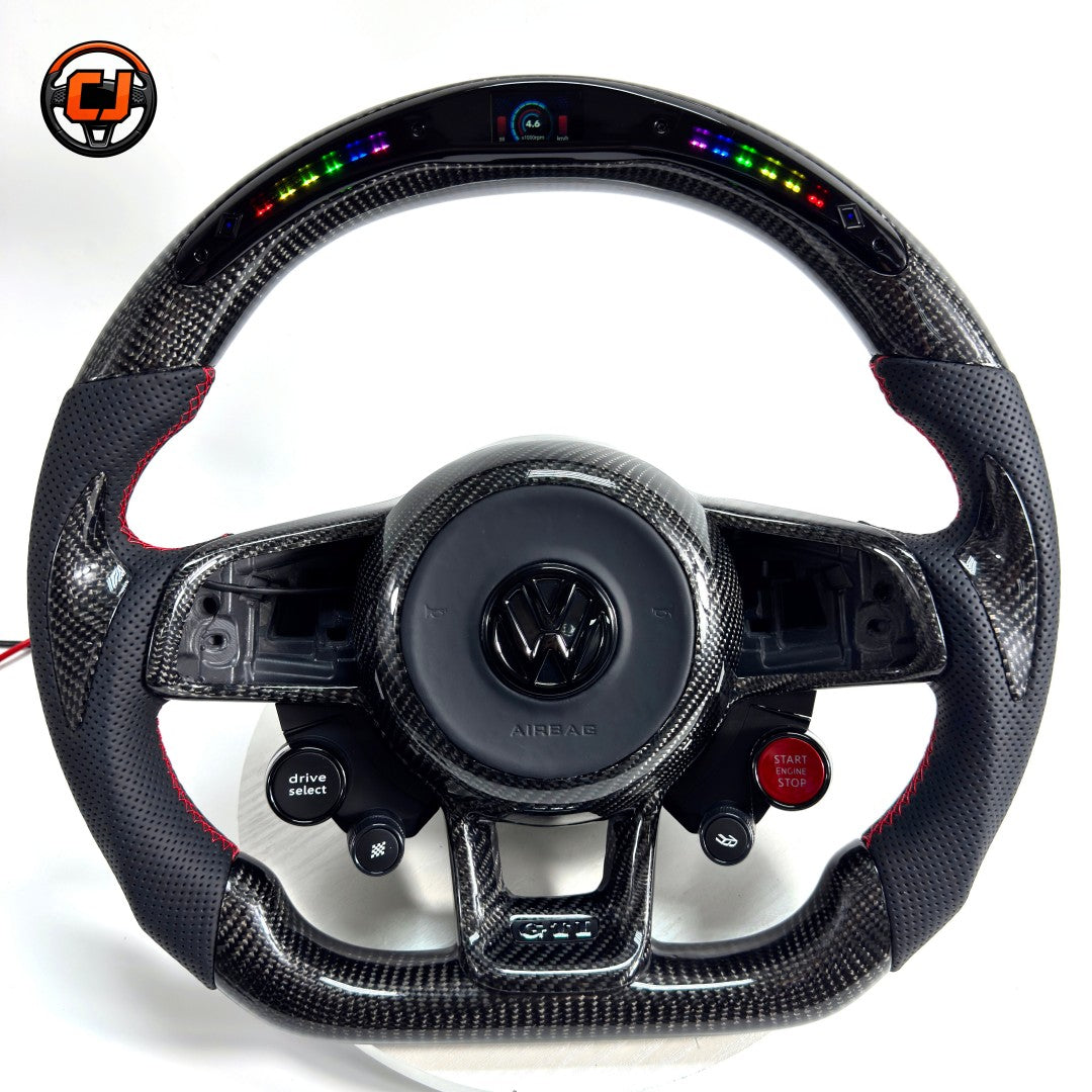 Round airbag carbon fiber steering wheel with LED display drive select control and GTI trim for MK7 GTI Golf 6 7 7.5 R R Line CC Polo Passat B8 CJ Mod Garage