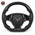 Chevrolet Corvette C7 custom carbon fiber steering wheel front product view with black airbag cover perforated leather grips and flat bottom sport design