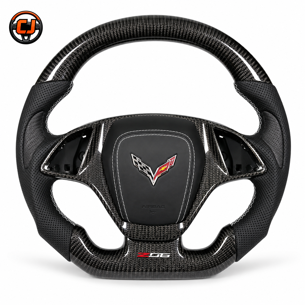 Chevrolet Corvette C7 custom carbon fiber steering wheel front product view with black airbag cover perforated leather grips and flat bottom sport design