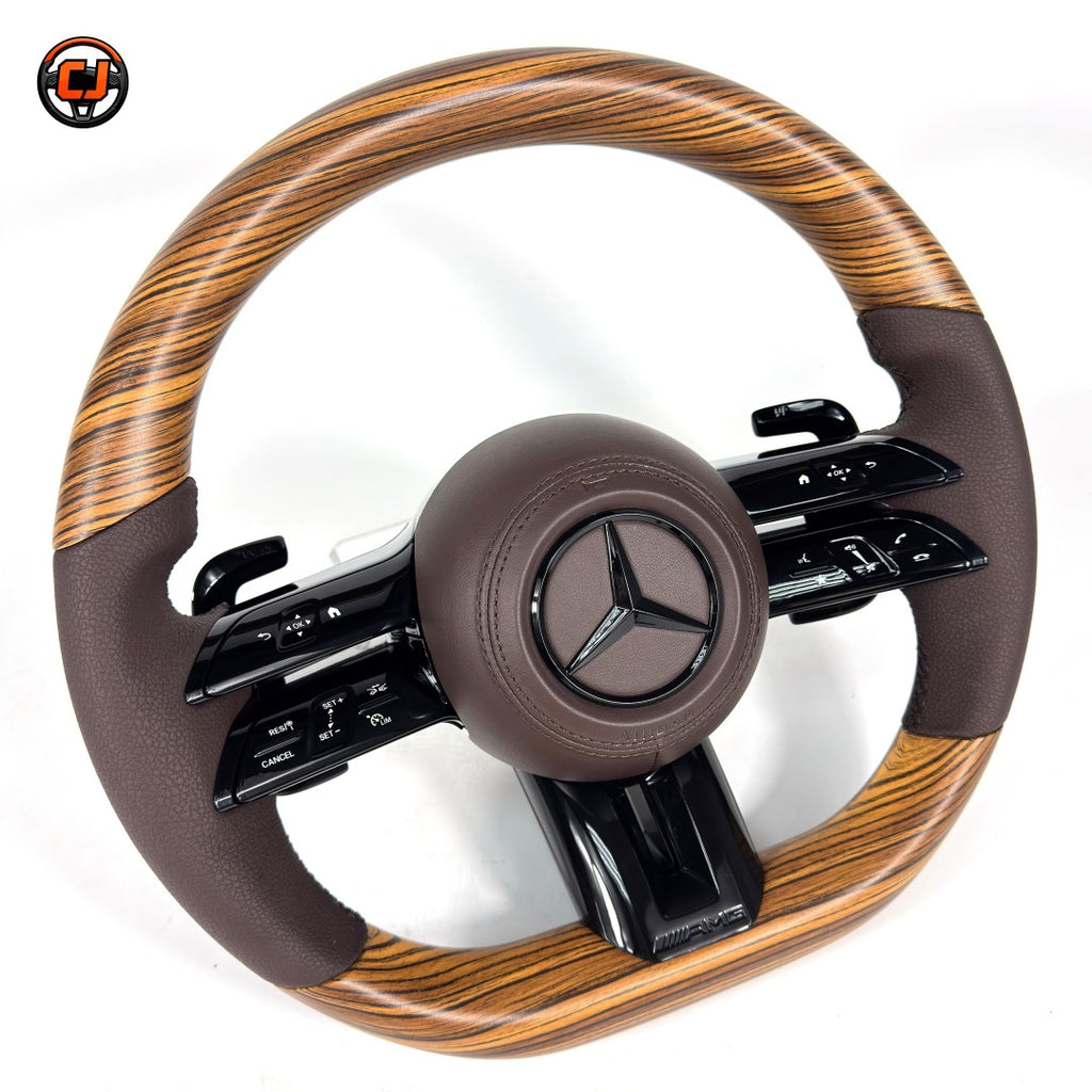 Mercedes W117 CLA 2013-2019 wood grain Dragonfly steering wheel with leather grips by CJ Mod Garage