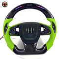 Custom Honda Civic 10th Gen carbon fiber steering wheel with lime green leather grips integrated LED shift lights and OEM fitment by CJ Mod Garage
