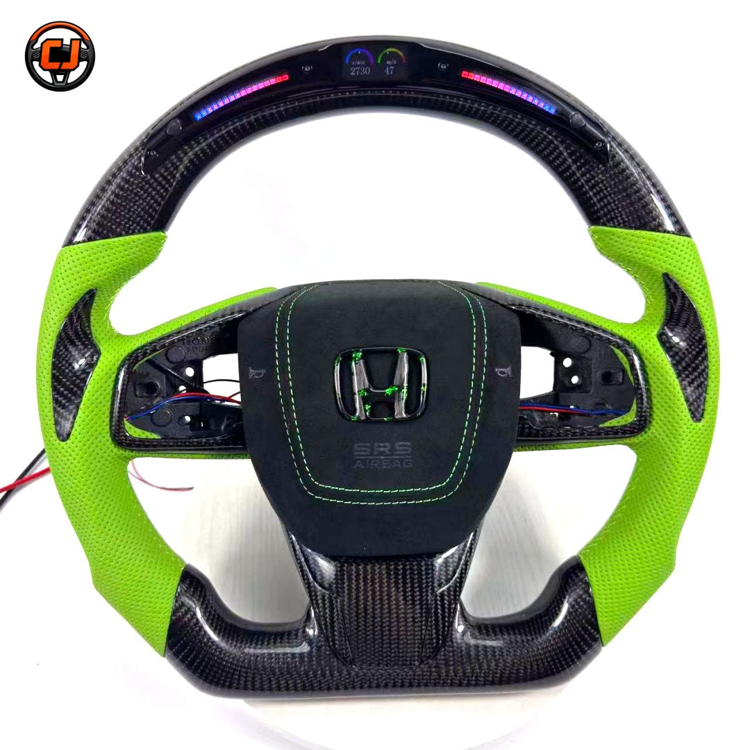 Custom Honda Civic 10th Gen carbon fiber steering wheel with lime green leather grips integrated LED shift lights and OEM fitment by CJ Mod Garage