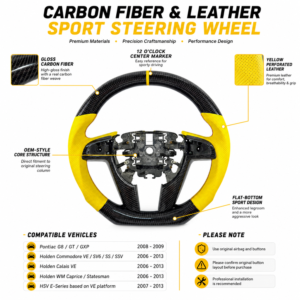 FOR Holden Commodore VE/Pontiac G8 Steering Wheel - Black Carbon Fiber & Yellow Perforated Leather - CJ Mod Garage & Product Details Image