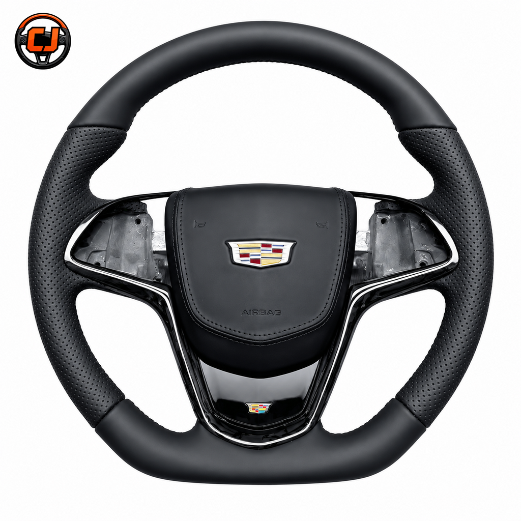 Cadillac ATS black smooth leather perforated leather steering wheel front product view by CJ Mod Garage
