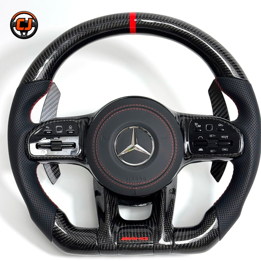 Mercedes AMG sporty carbon fiber steering wheel with multifunction buttons and black leather grips for W117 W176 W177 W218 C43 C63 by CJ Mod Garage