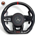 Mercedes AMG sporty carbon fiber steering wheel with multifunction buttons and black leather grips for W117 W176 W177 W218 C43 C63 by CJ Mod Garage