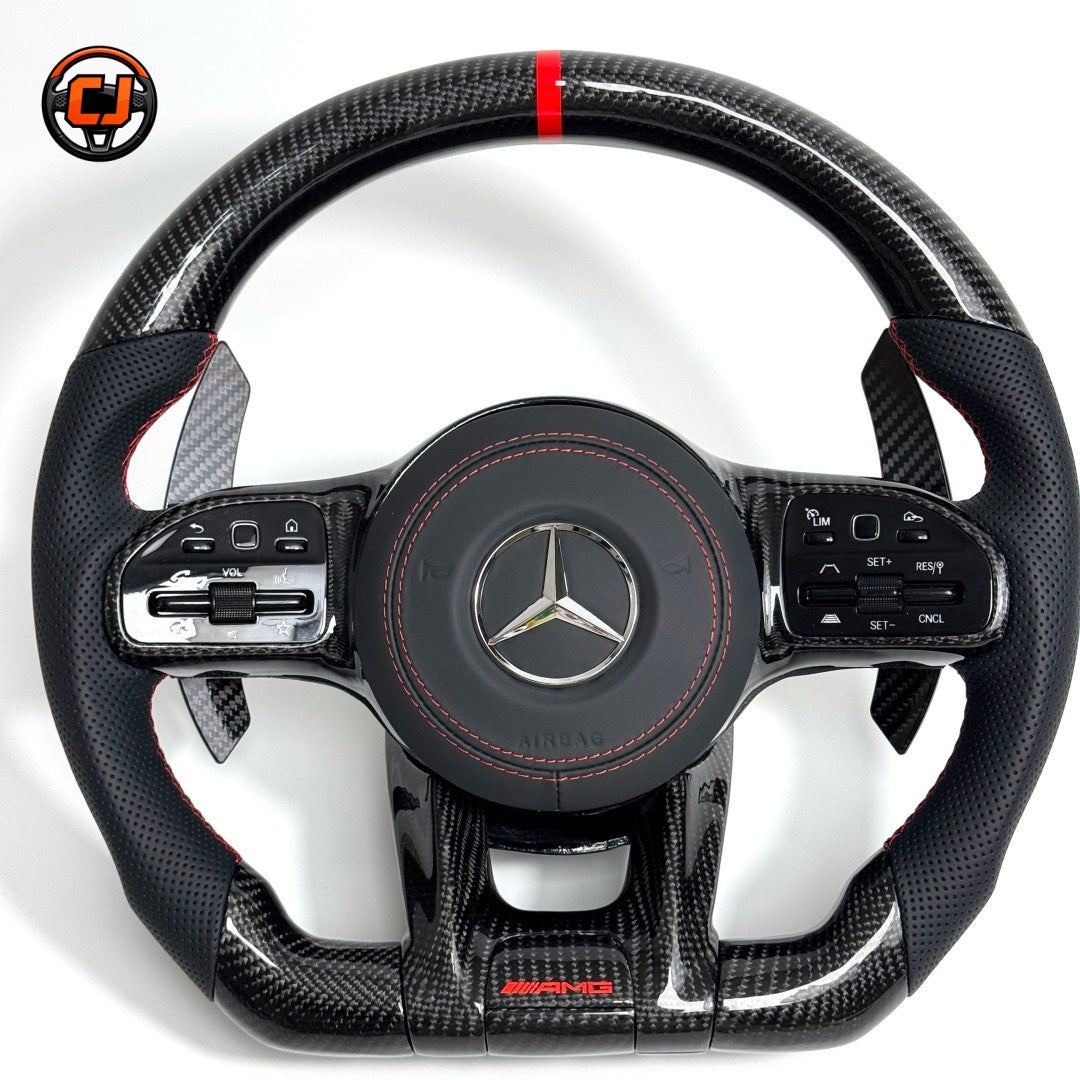Mercedes AMG sporty carbon fiber steering wheel with multifunction buttons and black leather grips for W117 W176 W177 W218 C43 C63 by CJ Mod Garage