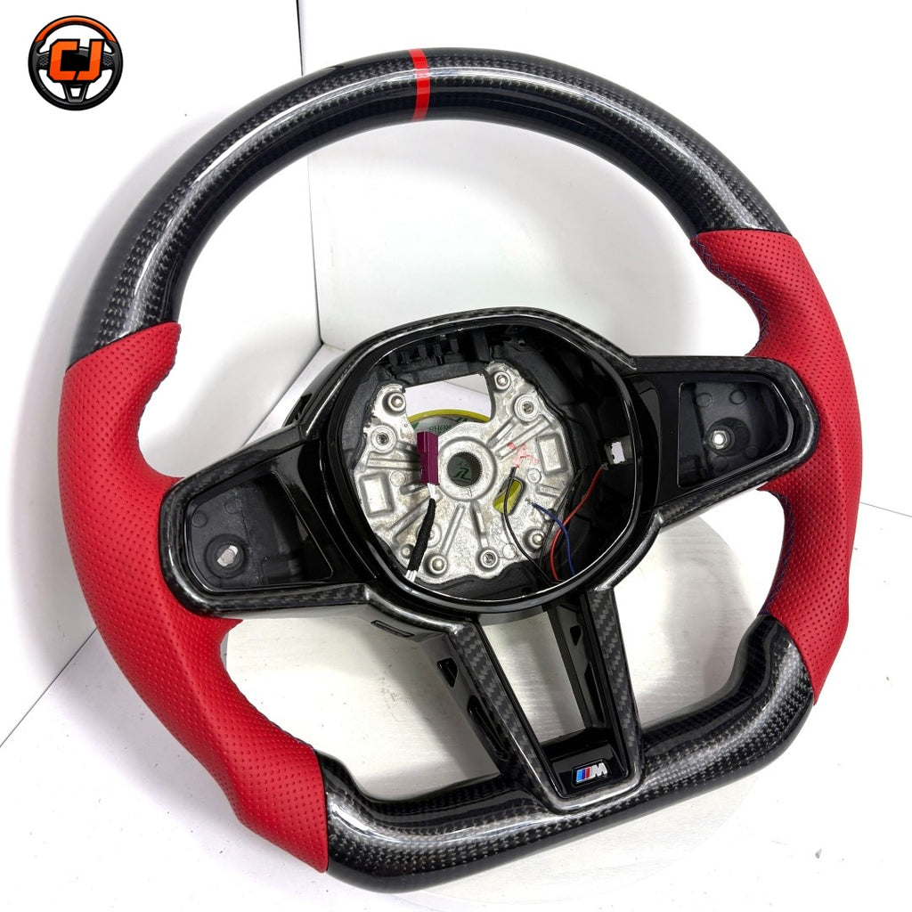 BMW G/F Series 2016-2025 3K carbon fiber steering wheel with red perforated leather by CJ Mod Garage
