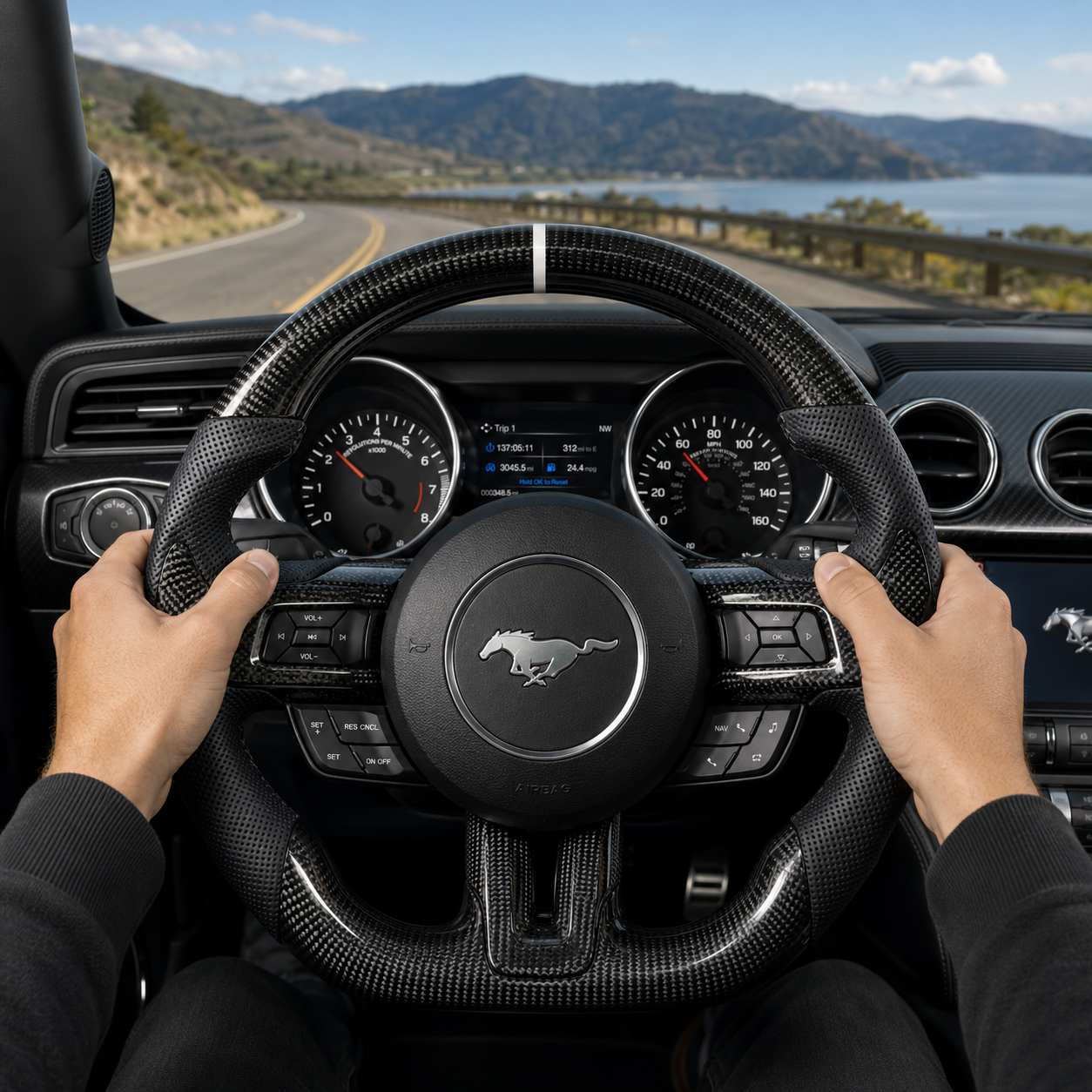 FOR Ford Mustang S550/GT 2015-2023 Carbon Fiber Steering Wheel - Black Carbon Fiber & Black Perforated Leather & White Stripes - CJ Mod Garage & Driving Scene Images