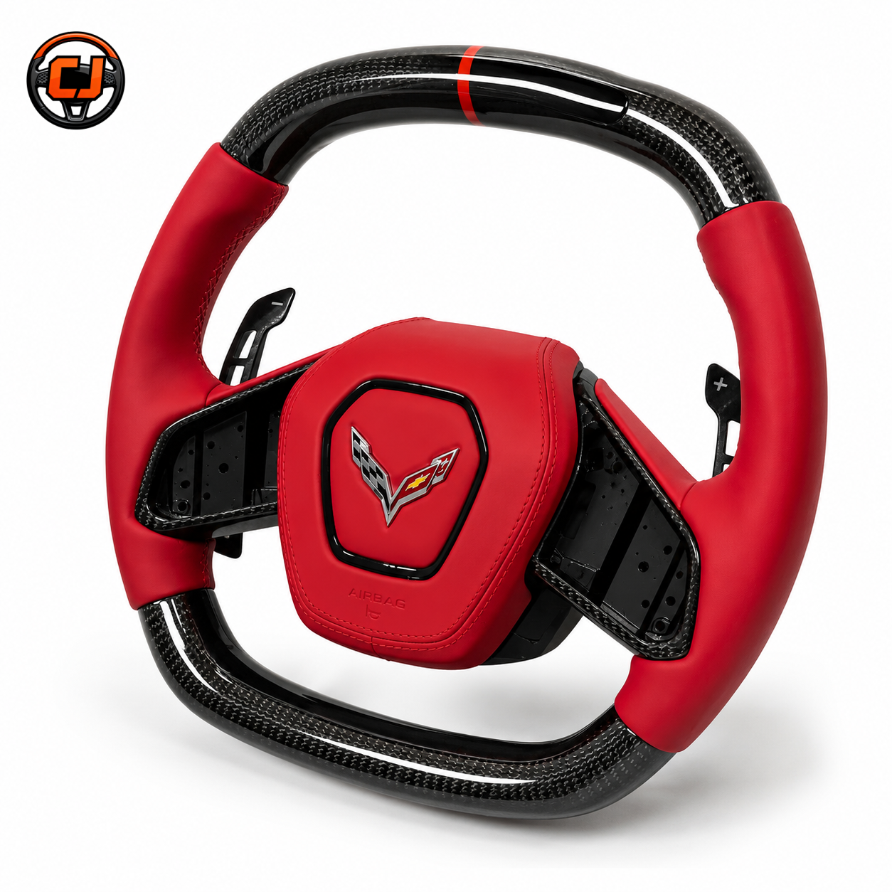 Chevrolet Corvette C8 custom steering wheel with red leather grips glossy carbon fiber finish red center stripe and red airbag cover