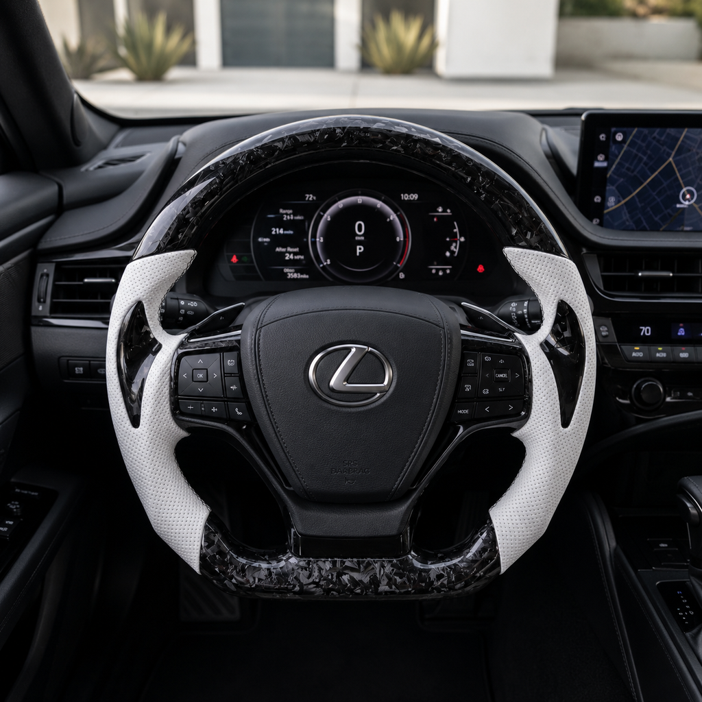 Lexus F Sport Forged Carbon Steering Wheel With White Perforated Leather Installed In Luxury Cabin For Lexus IS 2014 2020 RC 2015 2020 GS 2013 2020 NX 2015 2021 CT 2014 2022 CJ Mod Garage